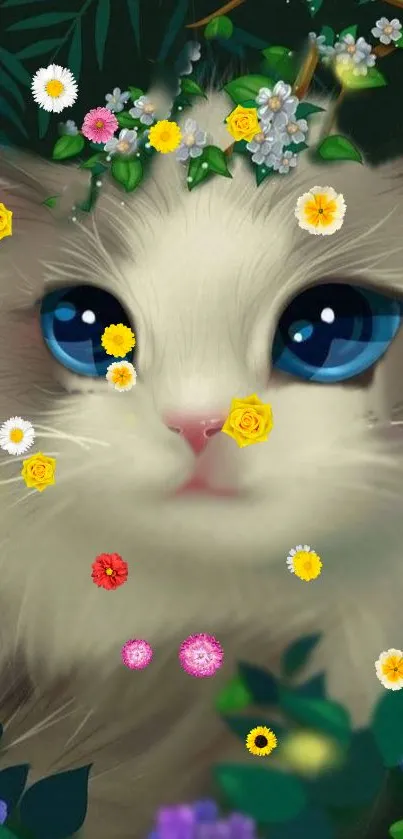 Fantasy cat wallpaper with flowers and blue eyes.