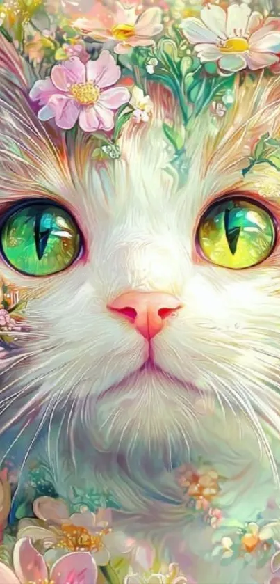 Whimsical cat with floral background art.