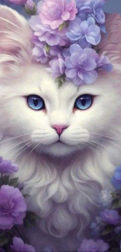 White cat with purple flowers on its head in a mystical wallpaper.