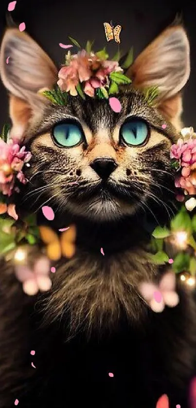 Cat surrounded by flowers and butterflies on dark background.