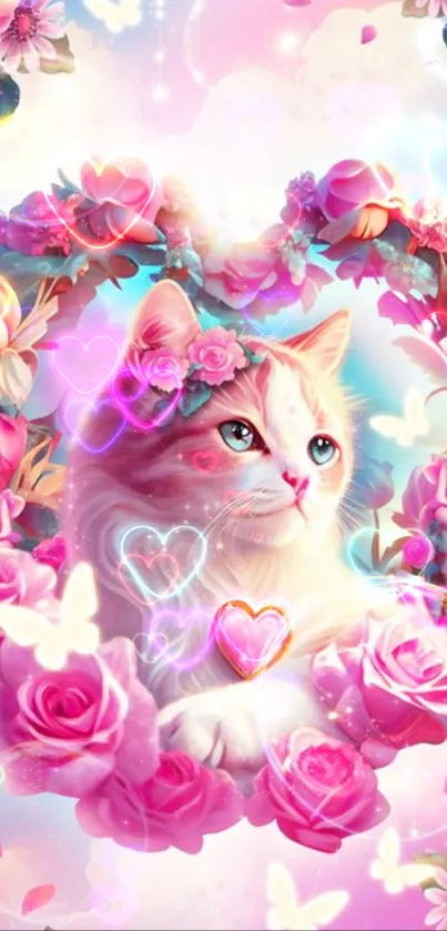 Charming cat with pink roses and butterflies in fantasy wallpaper.