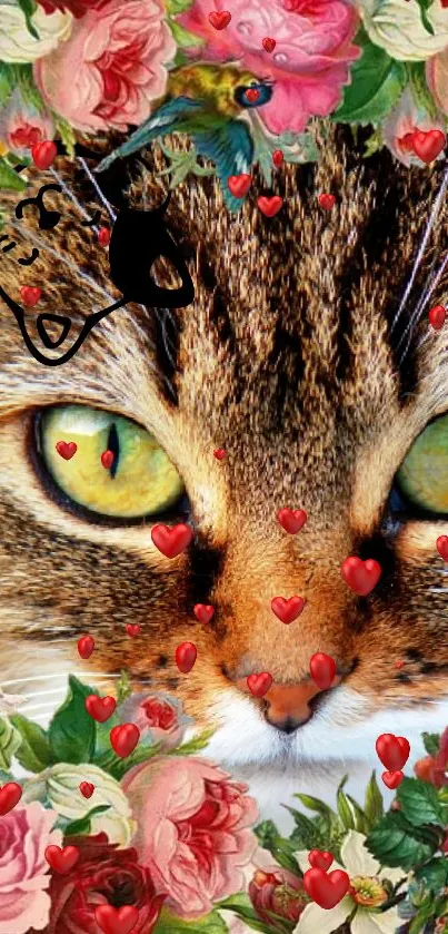 A cat's face with floral and heart design wallpaper.