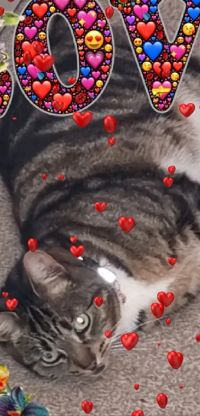 Cat lying on carpet surrounded by colorful floral border with 'Love.'