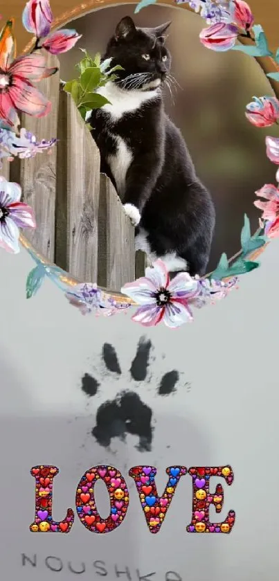 Black and white cat with floral decor.