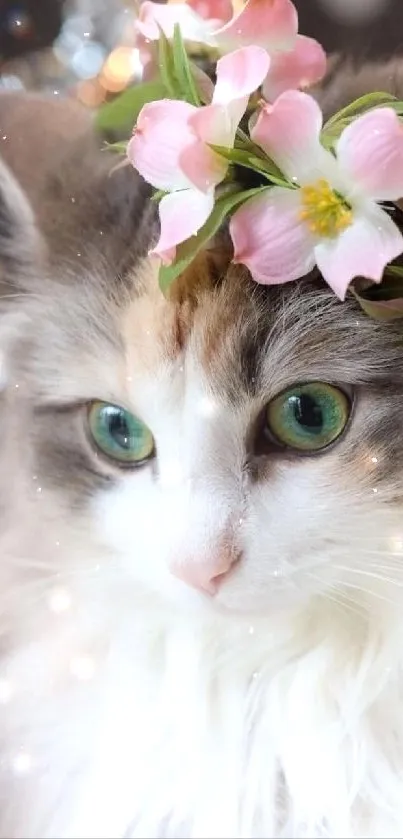 Adorable cat with pink flower crown on mobile wallpaper.