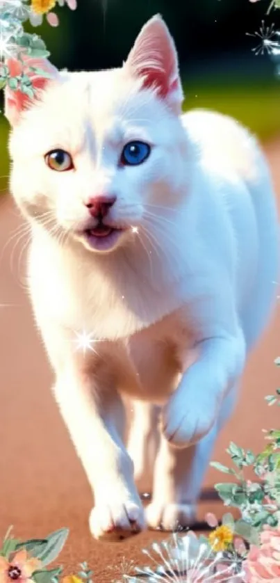 White cat with floral and sparkling border on a mobile wallpaper.