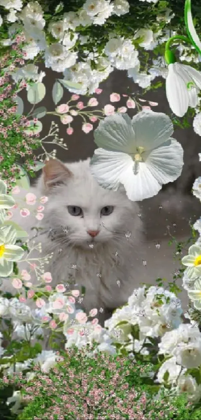 Fluffy white cat surrounded by vibrant flowers on a mobile wallpaper.