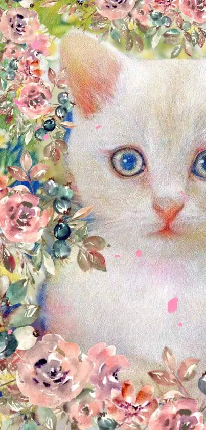 Cute kitten with a floral surround, pastel-themed cat wallpaper.