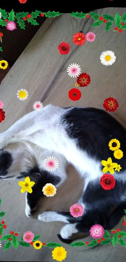 Cat surrounded by colorful flowers on a beige background.