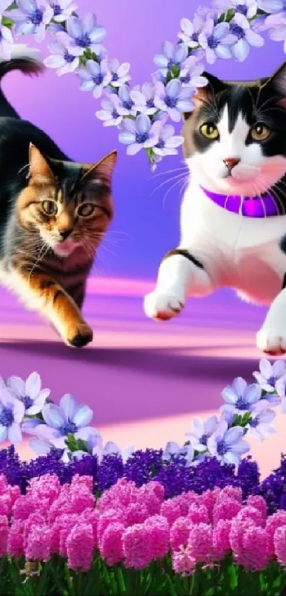 Cats in a floral heart design on a purple background.