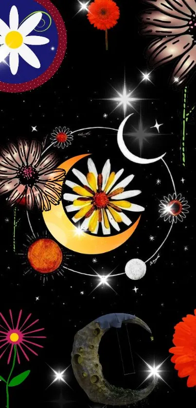 Colorful floral and moon wallpaper for mobile.