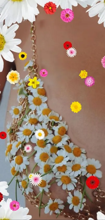 Floral chain with daisies and colorful flowers on mobile wallpaper.