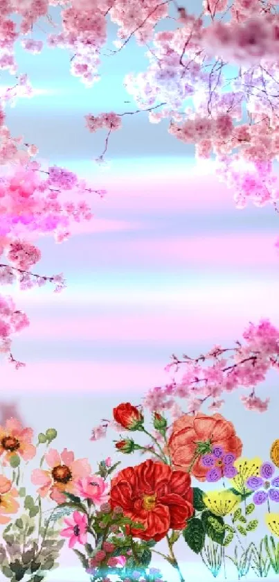 Floral wallpaper with cherry blossoms and a blue sky backdrop.