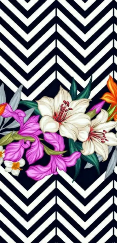 Vibrant floral design with chevron pattern and colorful flowers.