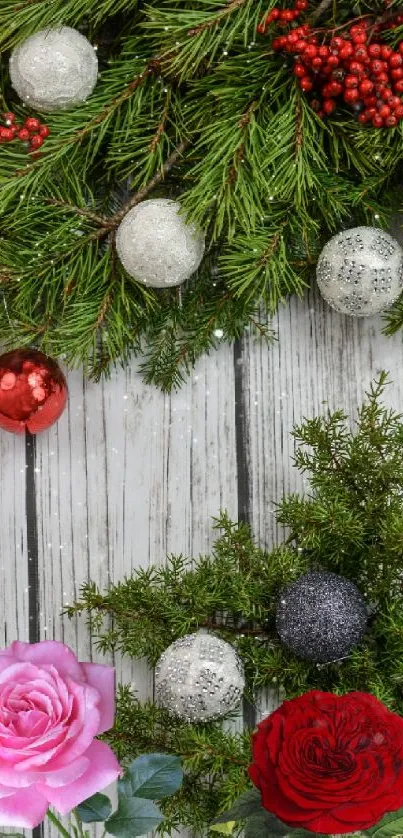 Festive wallpaper with Christmas greenery, roses, and baubles.