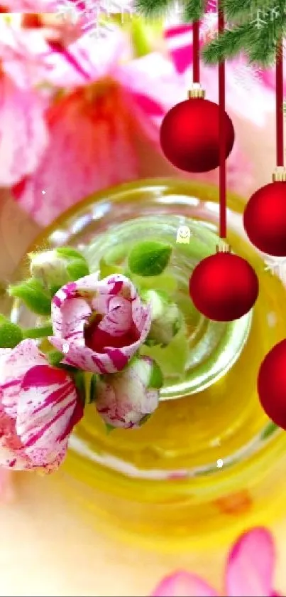 Christmas-themed mobile wallpaper with pink flowers and red ornaments.