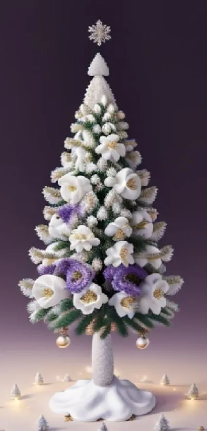 Christmas tree with white and purple flowers on a dark background.