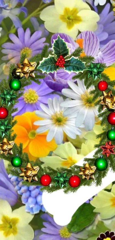 Christmas wreath with colorful flowers wallpaper.