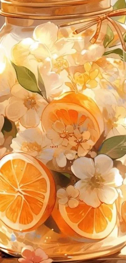 Citrus and flowers in a glass jar artwork wallpaper