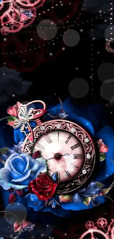 Steampunk clockwork floral wallpaper with blue roses and intricate design.