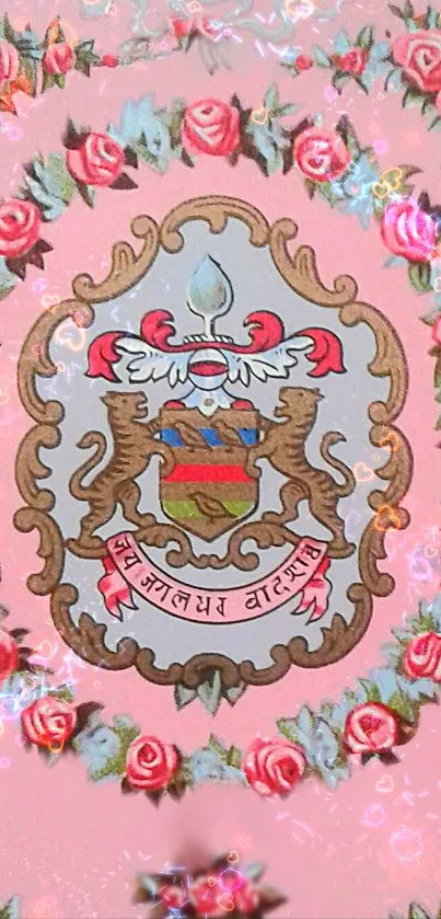 Pink floral crest wallpaper with coat of arms design.