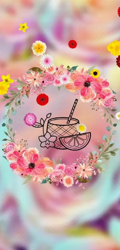 Vibrant floral wreath with cocktail illustration on colorful background.