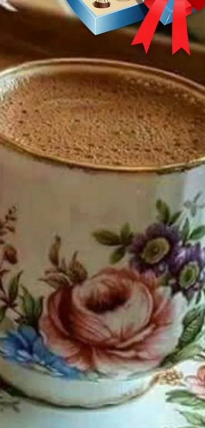 Floral coffee cup with chocolate gift backdrop.