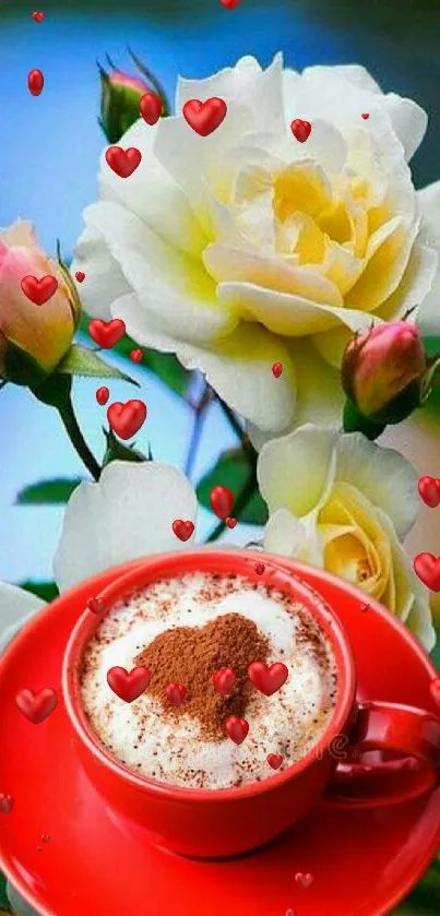 Red coffee cup with froth beside white roses.