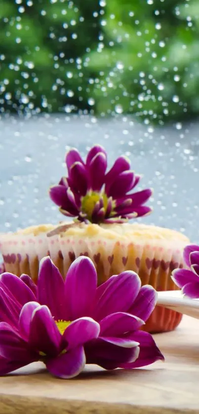 White coffee cup with purple flowers against rainy window.