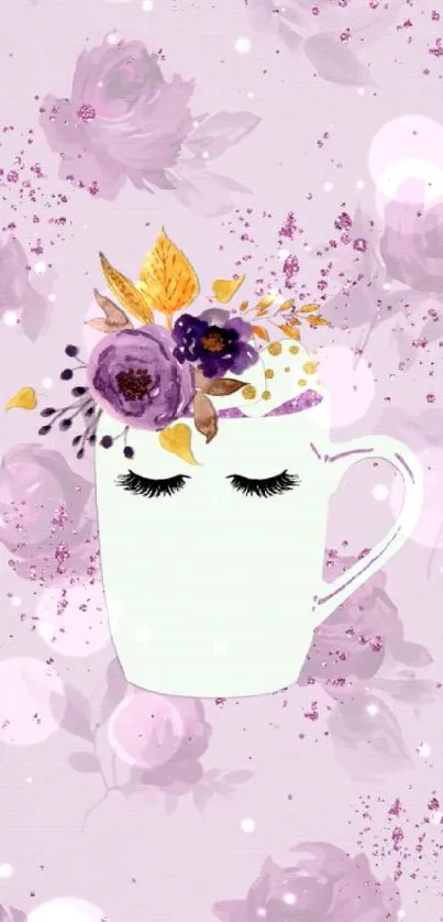 Whimsical mug with flowers on pink floral background.