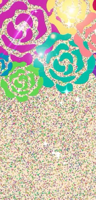 Bright floral confetti wallpaper with roses and dots.