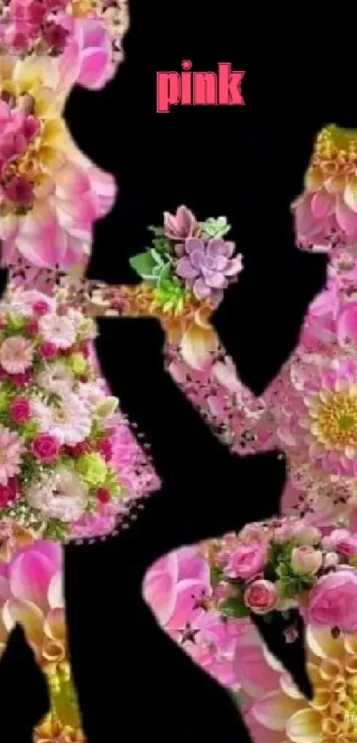 Floral silhouette of a romantic couple in pink hues.
