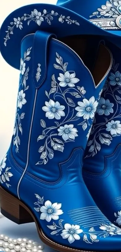 Blue cowboy boots with intricate white floral designs.