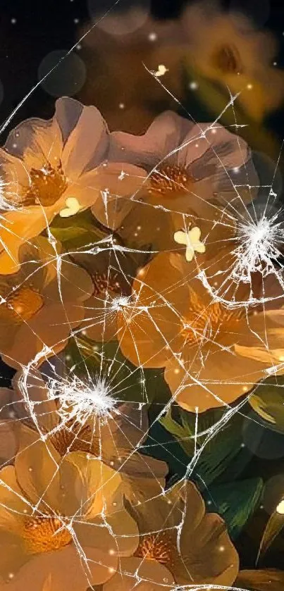 Orange flowers with cracked glass effect wallpaper.