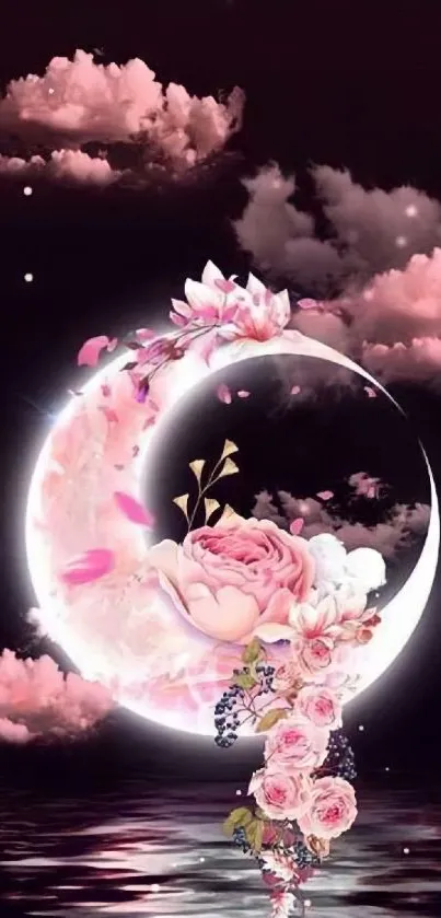 Floral crescent moon with pink flowers on water reflection.
