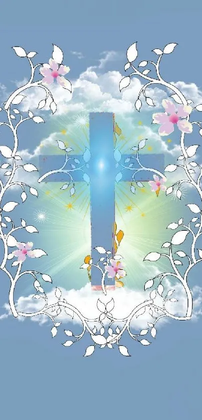 Serene floral cross with blue backdrop and vine details.