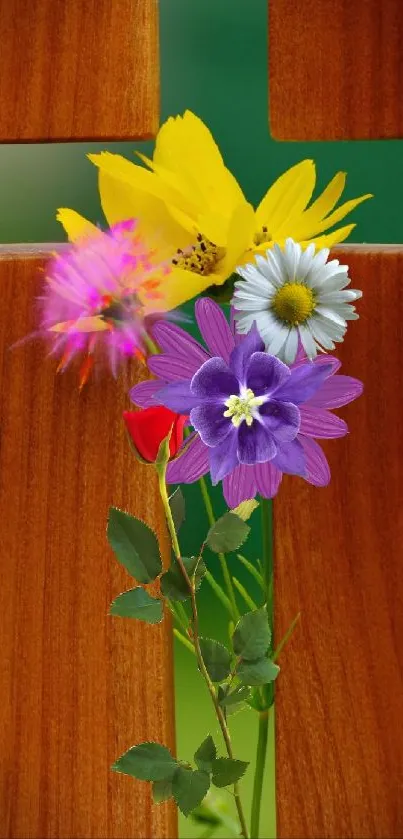 Vibrant flowers arranged over a wooden cross background for mobile wallpaper.