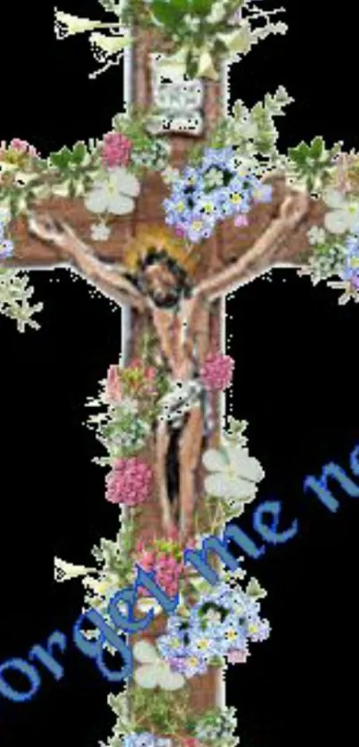 A crucifix covered in vibrant flowers with 'Forget me not' text overlay.