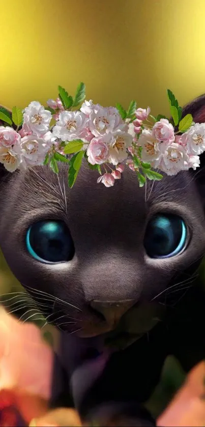 Fantasy cat with floral crown in a whimsical wallpaper.