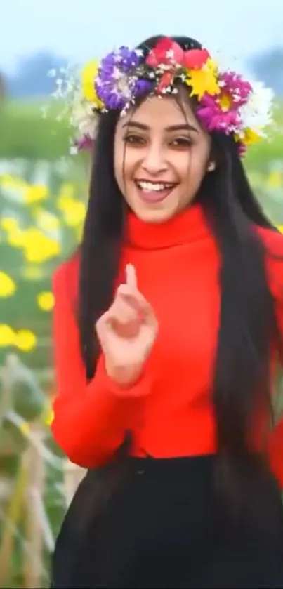 Woman smiling with floral crown in nature setting.
