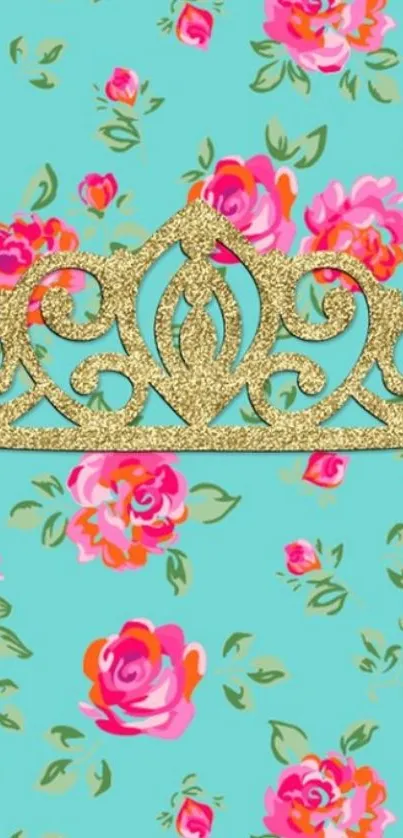 Turquoise wallpaper with pink florals and a golden crown design.