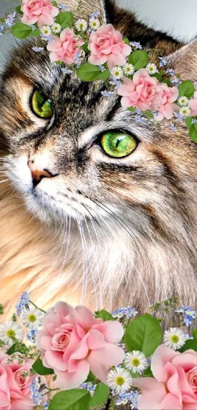 Cat with floral crown and pink flowers around.