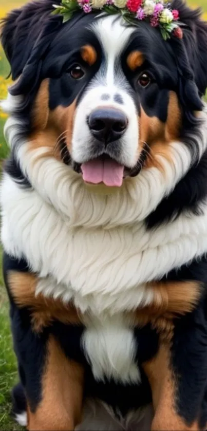 Bernese mountain dog wearing a floral crown in a green meadow.