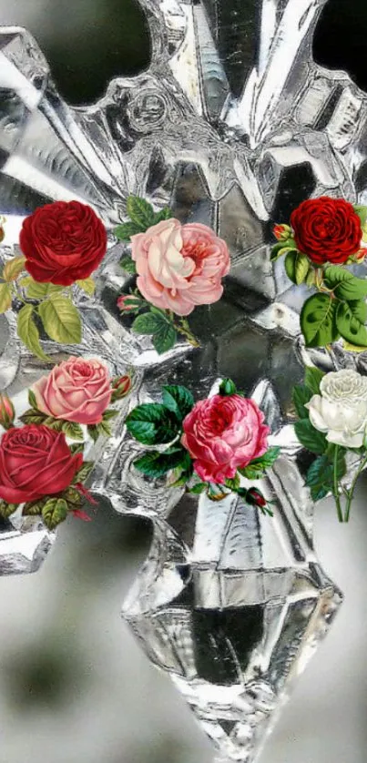 Elegant wallpaper of colorful roses on metallic crystal.