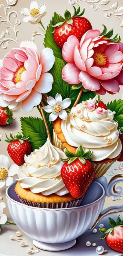Artistic wallpaper with cupcakes, pink flowers, and strawberries in a cup.