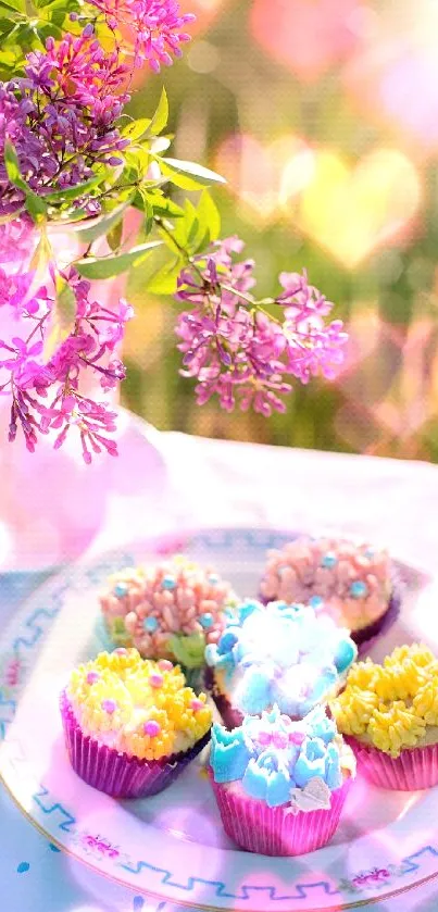 Colorful cupcakes and flowers in a sunlit outdoor setting, vibrant and serene.