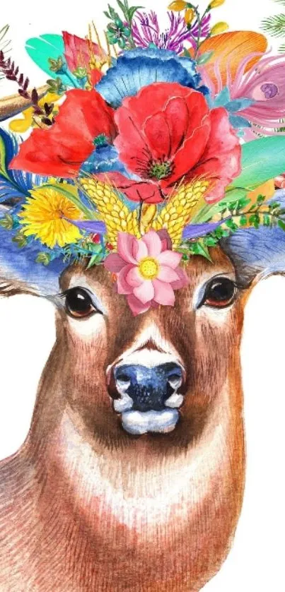 Artistic deer with a floral headdress on a mobile wallpaper.