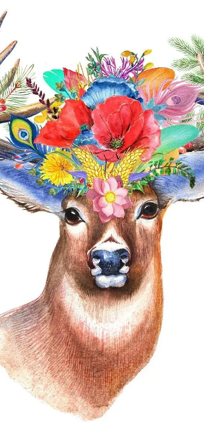 Abstract deer with colorful floral antlers on a white background.