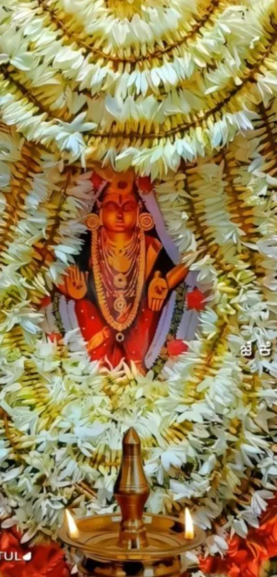 Floral adorned deity with vibrant garlands, perfect for a spiritual mobile wallpaper.