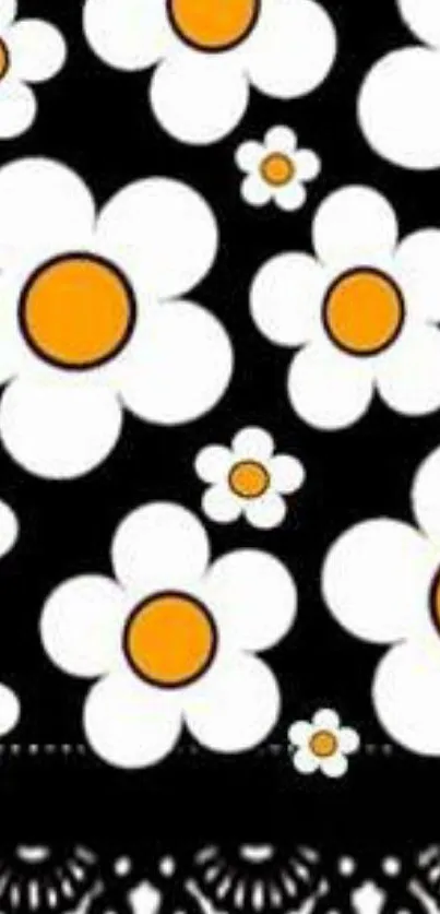 Black floral wallpaper with white daisies.